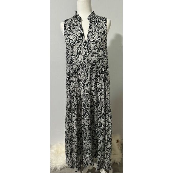 Anthropologie Maeve Marya Tiered black white ruffle shift dress pocket maxi dres - Picture 2 of 14